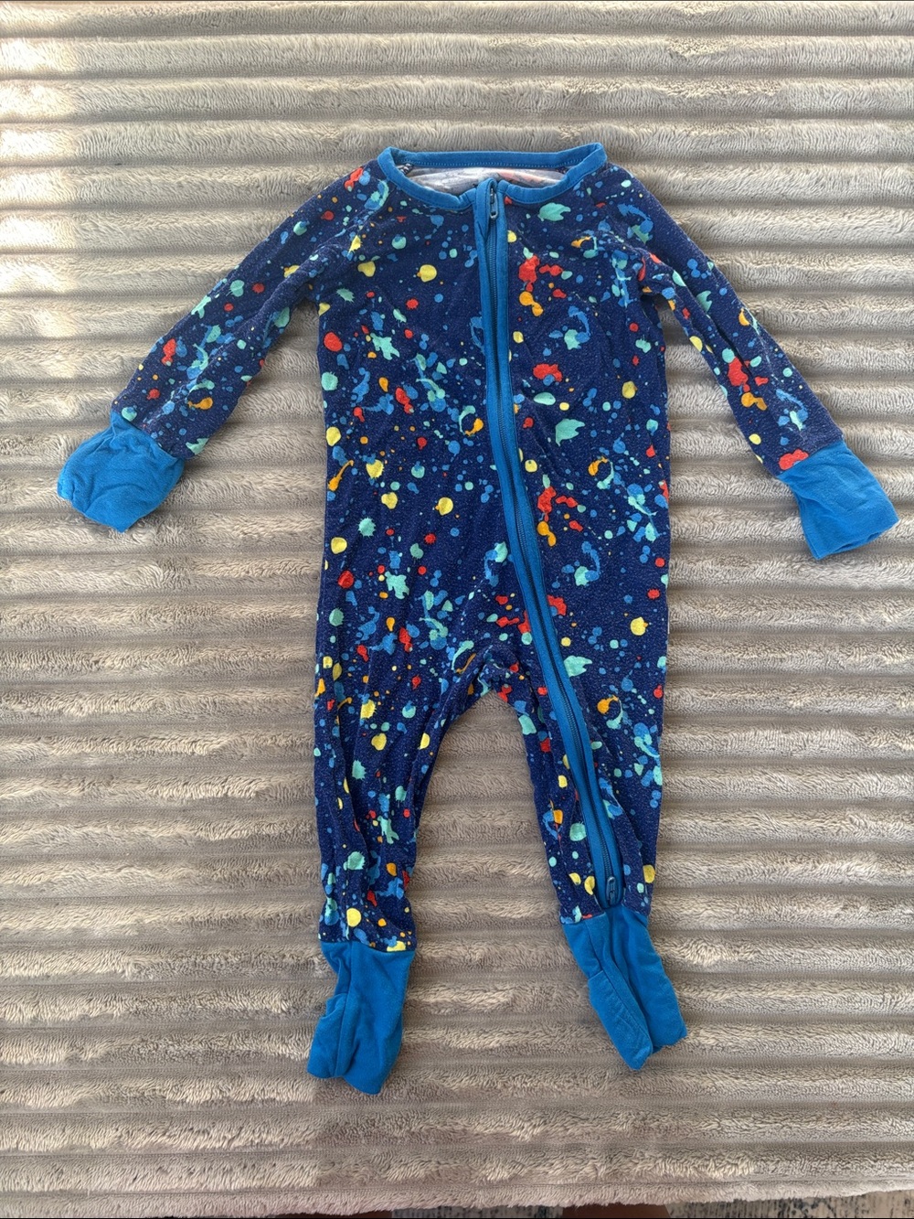 Kids Navy Blue Space-Splash Footed One-Piece Pajamas